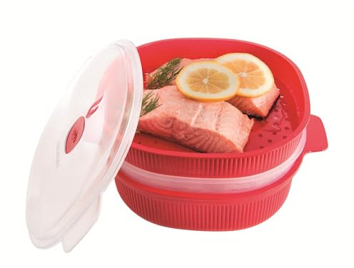 Snips, Microwave Steam Cooker 4 liters, Steam Cooker with 2 Trays, Microwave Container Red 26.5 x 22 x 13.5 cm, Quick Steam Cooking, Made in Italy