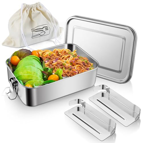 Joyfair Lunch Box, Stainless Steel Bento Box with Bag, Metal Compartment Lunch Box/Food Storage Containers for Adults and Kids, Lockable Clips & Removable Divider, Leak Proof & Dishwasher Safe, 1400ml