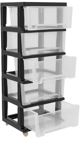 Owneed Kunststoff Schubladenbox, 5-stöckiges Kunststoff-Schubladenregal, Transparente Rollcontainer, Griffe zum Ziehen, für Aufbewahrung von Büchern, Kursen, Dokumenten, Zubehör