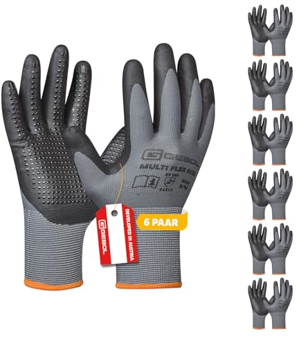 Gebol Multi Flex Eco, 6 Paar Arbeitshandschuhe für Herren mit Noppen aus Nitril-Mikroschaum, Atmungsaktive Handschuhe für Montage & Werkstatt, Antirutsch-Griff, XL (Gr. 10)