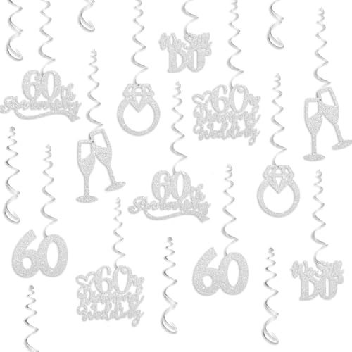 60th Anniversary Decorations, Silver Glitter Happy 60th Anniversary Hanging Swirls, 60 Diamond Wedding, Cheers to 60 Years Blessed & Loved Wedding Party Foil Spirals Hanging Decorations