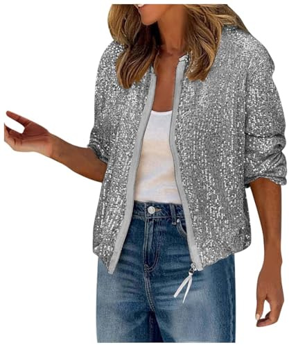Celanisai Chaqueta brillante para mujer, chaqueta bomber de lentejuelas, chaqueta ligera de invierno con cremallera, chaqueta de lentejuelas holgada, chaqueta de piloto, chaqueta holgada, sin capucha