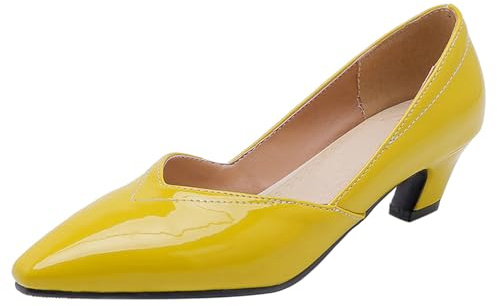 Lizoleor Scarpe Donna Tacco Gattino Tacco Medio Punta Quadrata Senza Chiusura Business Eleganti Moda Vernice Solid Sweet Giallo Numero 41 EU/43CN