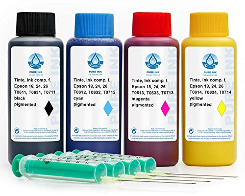 3062/5000 Übersetzungsergebnisse Pure Ink 4x 100 ml refill bläck, skrivarbläck kompatibel för Epson 16, 27, T061x, T063x, T071x, för Epson Stylus D 68, D 68 PE, D 78, D 88, D 88 PE, D 88 Plus, ...