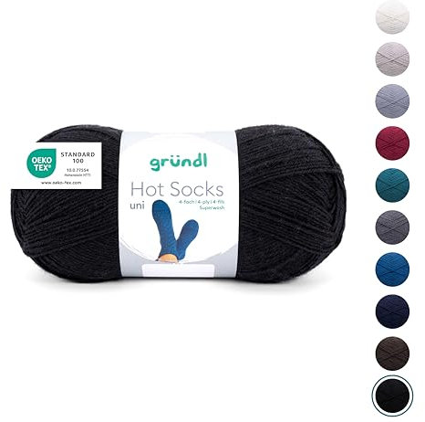 Gründl Wolle Hot Socks uni 100, Sockenwolle / Sockengarn 4-fach 1 Knäuel 100 g / 420 m (75 % Schurwolle (superwash), 25 % Polyamid), schwarz