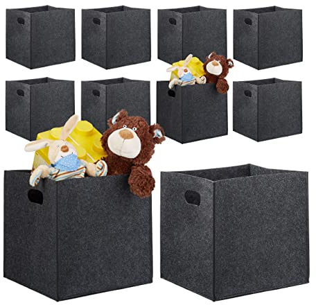 10er Set quadratische Filzkörbe, faltbar, mit 2 Trageöffnungen, schicke Regalkörbe, H x B x T 30 x 30 x 30 cm, anthrazit