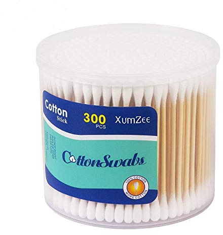 300ct Cotton Swabs with Strong Bamboo Sticks by Xumzee: 100% Pure Natural Cotton,Biodegradable, Chemical Free Cotton Buds