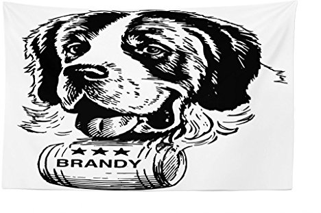Lunarable Man Cave Tapestry, Vintage Sketch of Saint Bernard Rolling a Keg of Brandy Whiskey Stars Retro, Fabric Wall Hanging Decor for Bedroom Living Room Dorm, 45 X 30, Black and White