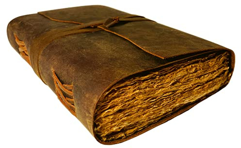 Vintage Leather Journal - 200 pages Deckle Edge Rustic Paper - Unlined Pages Book of Shadows, Grimoire, Junk Notebook, Fantasy Medieval Gifts, Sketchbook, Antique Scrapbook (Dark Brown, 9x6)