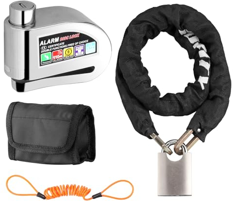Justech Lucchetto per catena per bicicletta, lucchetto + allarme per moto, lucchetto a disco, due modalità, blocco freno a disco 110 dB