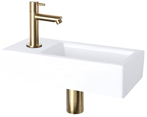 Differnz Helios Waschbecken klein, Handwaschbecken Keramik Weiß, Gold Armaturen Wasserhahn Links, Waschtisch, Kaltwasserhahn – 37.5 x 18 x 9.5 cm