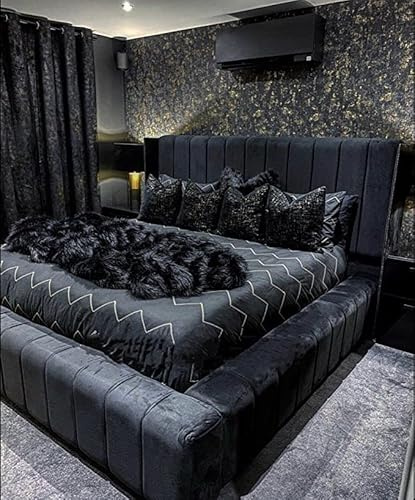 OPULENCE DREAM HOME LUXURY LIVING Upholstered Regal Panel line Ambassador Bed Frame and Headboard 50' Inch Plush Velvet Crush - double king superking Hand Made in the UK (double,black plush)