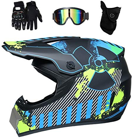 Youth Motocross Helmet Set, Adult Kids Full Face MTB Cross Motorbike Helmet ATV Scooter Helmet, Crash Helmet for Downhill Enduro MX Quad Dirt Bike, with Goggles Gloves Mask ( Color : Blue , Size : S/5