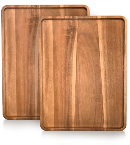 BIEOFFEI 2 Pcs Acacia Wood Serving Tray, Rectangular Wooden Serving Platters Charcuterie Board, Large Wood Kitchen Display Tray for Food, Cookie, Dessert, Fruit, Snack, Vegetable, 16.6 x 12.6 x 0.6