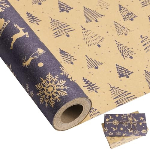 Larcenciel Geschenkpapier Weihnachten Rolle, Vintage Blau Weihnachtspapier Geschenkpapier, Edel Beidseitig Bedrucktes Kraftpapier Weihnachtsgeschenkpapier Rollen für Neujahr Urlaub Party,1000 x 43CM