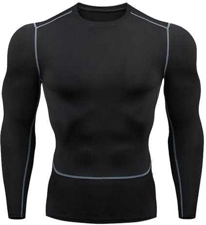 Compression Shirt Men, Round Neck Long Sleeve Base Layer Athletic Tops for Workout Sports, Rash Guard Cool Dry Undershirts
