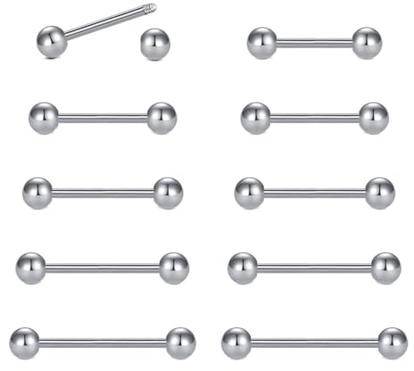 WillTen 10 barrette per lingua, barrette per capezzoli, lingua, 14 g, in acciaio chirurgico, per capezzoli, gioielli per lingua, gioielli per donne, argento e oro, Metallo Acciaio inossidabile