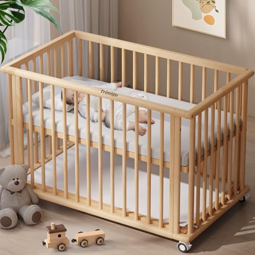 Trimigo Lit Bebe evolutif 6 en 1 -Lit pour Bebe,Cododo,Canapé-lit et Parc,Ardoise,Lit à barreaux，Bureau,en Hêtre Massif Naturel,Lit Bébé (Bois)