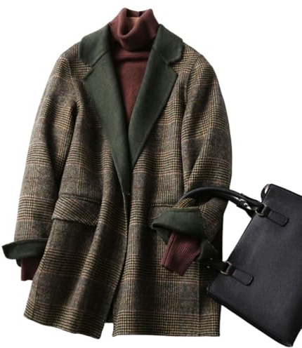 Womens Wool Blazer Coat Autumn Winter Plaid V-Neck Blazer Jacket Loose Mid-Length Cashmere Woolen Overcoat Outwear,5#,L