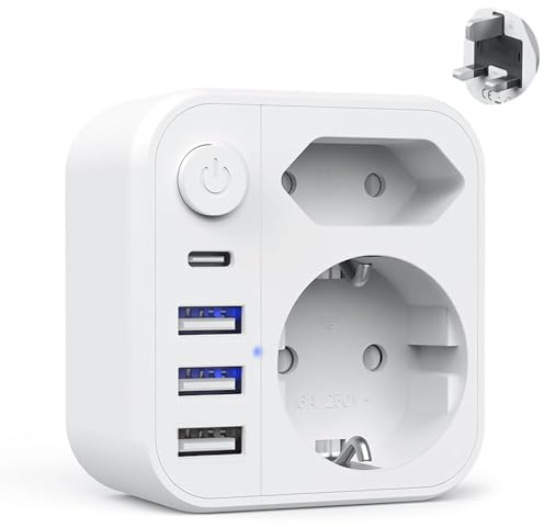 Hoembpn Adaptador Inglés Enchufe a Francia Tipo G con Interruptor 3 USB y 1 USB C, Adaptador de Viaje Universal Accesorios Cargador de Enchufe Internacional Reino Unido Inglaterra Irlanda Dubai