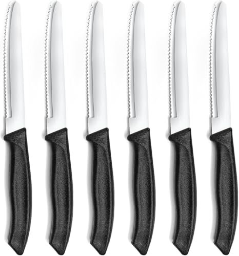 Double.S Frühstücksmesser 6 Stück, Steakmesser Tomatenmesser mit Wellenschliff Brötchenmesser 22cm Scharfe Besteck Messer Schwarz