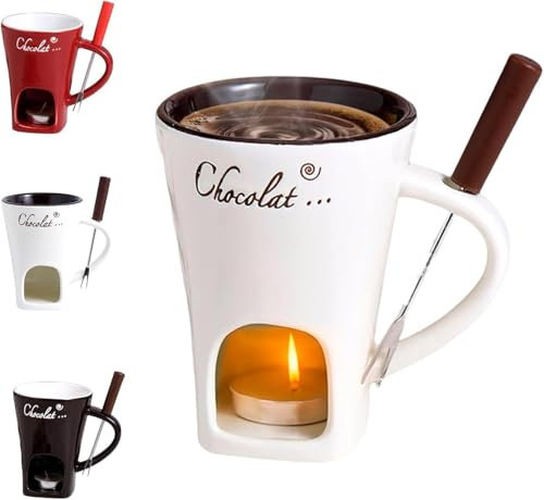 Taza de cerámica para fondue de chocolate, 130 ml, con portavelas y tenedores, fondue de chocolate, juego de fondue de chocolate, juego de fondue de chocolate, cazuela para chocolate, queso