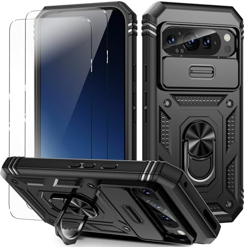 for Pixel 9/9 Pro Case with Camera Cover Slider, 2*Screen Protectors,Build in 360°Rotating Ring Kickstand, Military Grade Protective Case for Google Pixel 9/9 Pro 6.3-Black