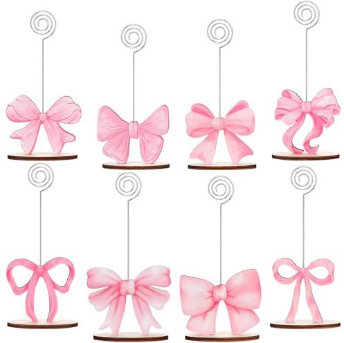 LIUBUJINGYING 8 Pcs Pink Bow Place Cards Coquette Bow Reserved Seating Signs Table Number Holders Metal Wire Memo Clips Stands Bow Party Decorations for Wedding Bow Party Birthday Baby Shower Office