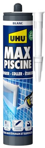 UHU Max Piscine - Colle de montage et mastic d'étanchéité, spécial piscine, sans solvant, résistant à l'eau, blanc, cartouche 425gr