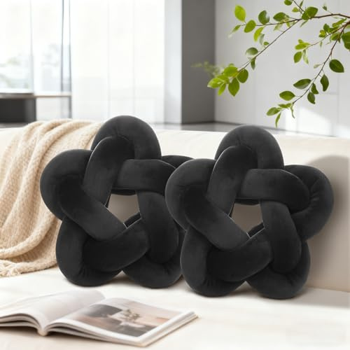 Wadser 2 Piece Knot Pillows, Black Throw Pillows Knotted Star Cushion Decorative Plush Pillow for Bedroom Living Room, Black 12.59