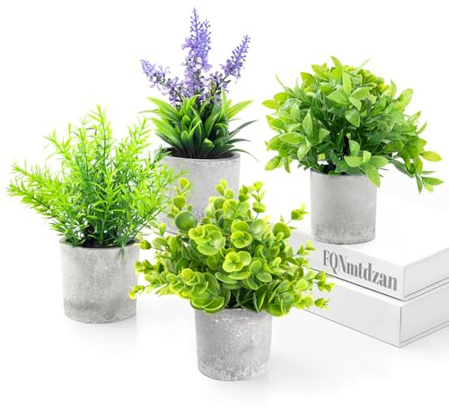 FQNmtdzan 4 Pack Artificial Plants Indoor in Pots, Small Fake Plastic Plants Eucalyptus Rosemary Hyacinth Tea Tree, Decorative Faux Flora for Office Desk Bathroom Bedroom Living Room