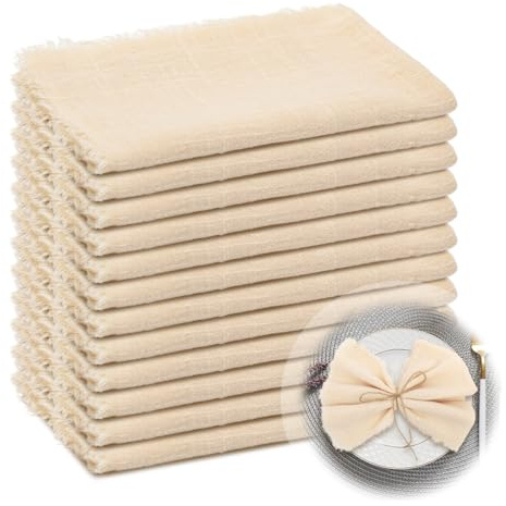 RANJIMA Servilletas de Tela, 42x42cm 100% Algodón Servilletas de Tela con Flecos Rústicas Grandes para Navidad Cumpleaños Bodas Bautismo Decoración de Mesa Paquete de 12Pcs,Beige