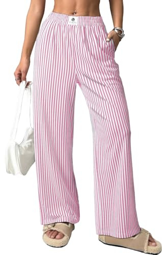 EVALESS Striped Pants for Women Spring Summer 2026 Comfy Pajama Pants High Waist Wide Leg Lounge Pants Patched Y2K Casual Trousers Lightweight PJ Bottoms with Pockets Pink Stripe Small