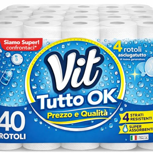 ISALP SHOP - Vit Asciugatutto | 40 Rotoli Vit Tutto OK, Carta Da Cucina, 2 Veli, 40 Fogli Per Rotolo, combinazione perfetta tra prezzo conveniente e buona qualità | Carta 100% certificata FSC®