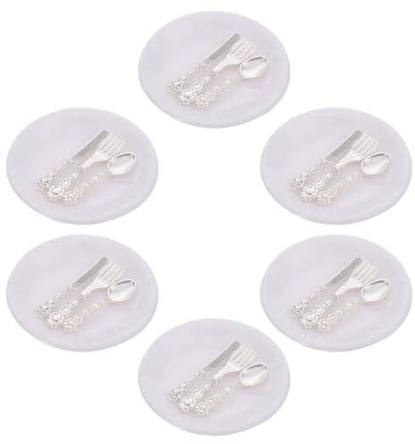 Gogogmee Juego de Vajilla Miniatura para Casa de Muñecas, 6 Sets Plato, Tenedor y Cuchara, Material Seguro y Superficie Lisa, Utensilios de Cocina en Miniatura para Decoración y Juguete