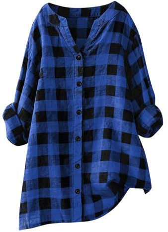 Oversized Womens Plaid Shirt Classic Roll Up Long Sleeve Button Down Casual Loose Tunic Tops Lightweight Work V-Neck Checked Blouses Jacket Spring Break Outfits 2026 Holiday Dark Blue 3X-Large