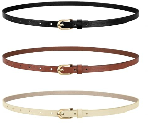 WERFORU Women 3 Pack Thin Leather Belts Skinny Waist Belt with Gold Buckle | Multiple colour sets including black brown beige/white/red/coffee; Soft PU leather, ideal for dresses jeans