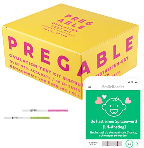 PREGABLE Pregable Combo Kit mit 50 Ovulationstests und 20 Schwangerschaftstests, kostenlose Tracker-App, App, OPKs, HPTs (50LH + 20HCG)