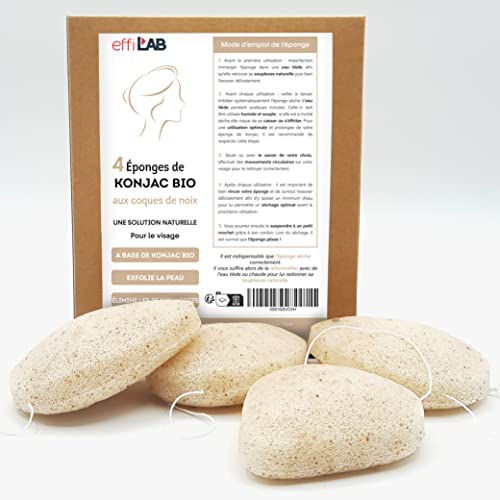 Eponge de Konjac bio exfoliante grâce aux brisures de coques de noix pour le visage associé | Lot de 4 éponges en forme de gouttes | Eponge végétale naturelle nettoyante