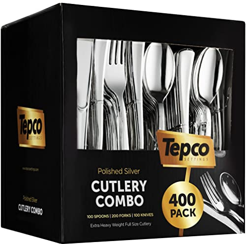 400 Plastic Silverware Set - Silver Cutlery Set - Disposable Flatware Set - 200 Forks - 100 Spoons - 100 Knives - Heavy Duty - Party Bulk