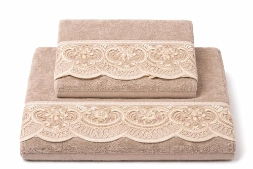 Corredocasa SET Asciugamani 1+1 in Spugna di Puro Cotone, Prodotto in Italia - Set Viso 60x100 e Ospite 40x60 con Pizzo Macramè - Morbidi, Assorbenti e di Alta Qualità - Idea Regalo Bagno (Beige)
