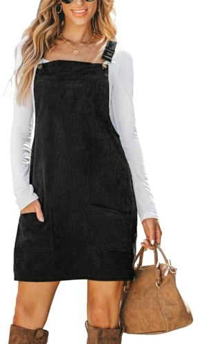 CUPSHE Damen Latzrock Quadratischer Ausschnitt Taschen Cord Latzkleid Overallkleid Freizeitkleider Corduroy Mini Dress Schwarz L