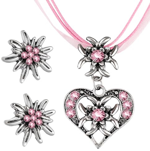 Yamobi Set di 3 gioielli per costume tradizionale Dirndl, da donna, con strass, stella alpina, ciondolo a forma di cuore e stella alpina, per Dirndl set per ragazze, Colore: rosa., L