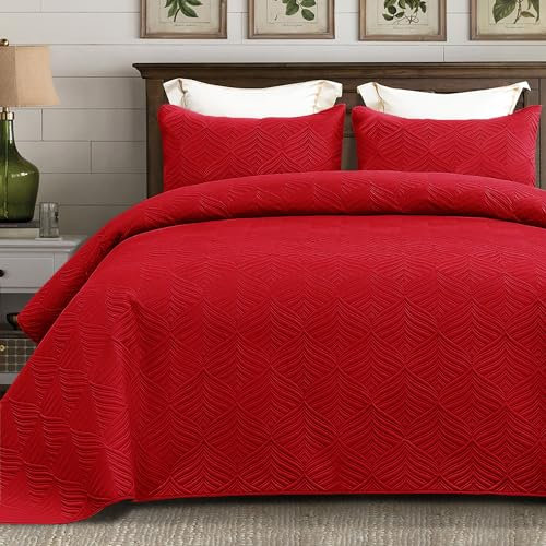 Whale Flotilla Colcha Moderna de 220 x 240 cm, Colcha con 2 Fundas de Almohada, Edredón de Microfibra con Estampado en Relieve, Ropa de Cama Ligera y Suave para 4 Estaciones, Rojo