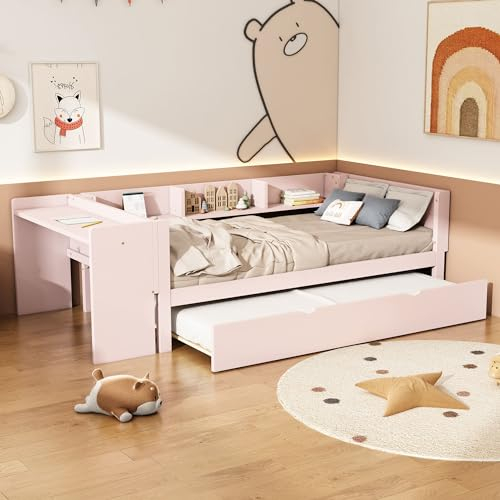 NQSLDM Einzelbett 90 x 200 cm mit Ausziehbett und Schreibtisch, Kinderbett Holzbett mit Ablageregal und Lattenrost, Bettgestell aus Kiefernholz, für Jungen und Mädchen, Ohne Matratze, Rosa