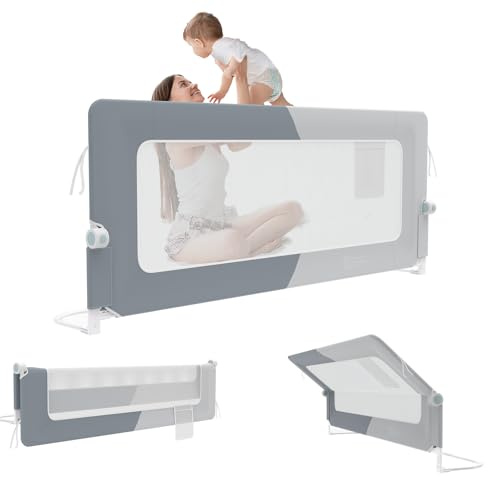 UISEBRT Griglia di protezione per letto da 150 cm, pieghevole, per bambini, protezione dalle cadute, altezza regolabile per culla, traspirante, con custodia, colore: grigio scuro