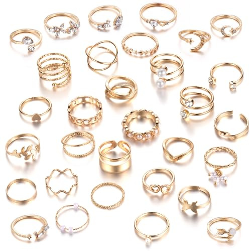 JSTHHTT 31 Pcs Bagues Rétro Vintage Réglables Bagues Empilables Ensemble Minimaliste Bagues Pouce Femme, Or