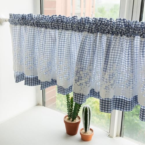 Huierxun Mantovana per finestra, in pizzo floreale, semitrasparente, con tasca per asta, con tasca per bastone, per soggiorno, blu e bianco (blu B, 150 x 45 cm)