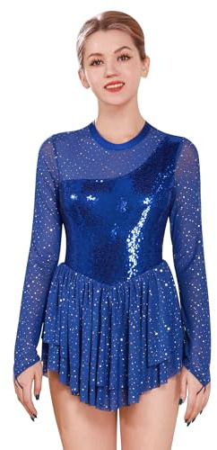FYMNSI Abito da donna per pattinaggio artistico, con paillette, a maniche lunghe, da balletto, da ginnastica, da ballo, taglie XS-XL, blu reale, M