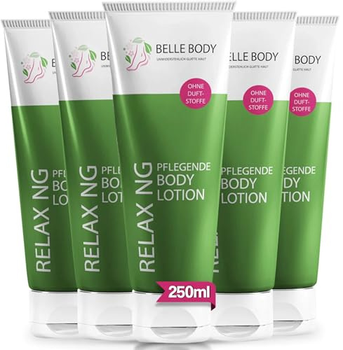 Belle Body Körperlotion 5x250ml – Feuchtigkeitscreme mit Shea Butter & Panthenol – Beruhigende Bodylotion für trockene & empfindliche Haut – Intensive Hautpflege nach Rasur & Haarentfernung